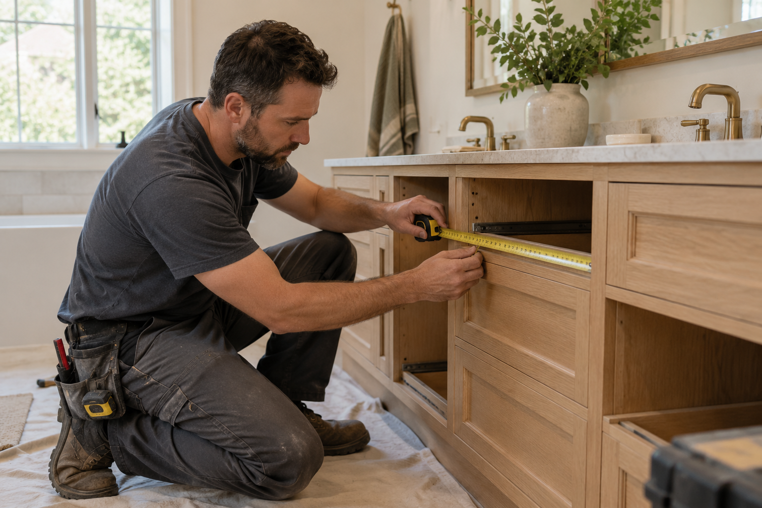 Illustrative residential tradesperson checking a cabinet measurement